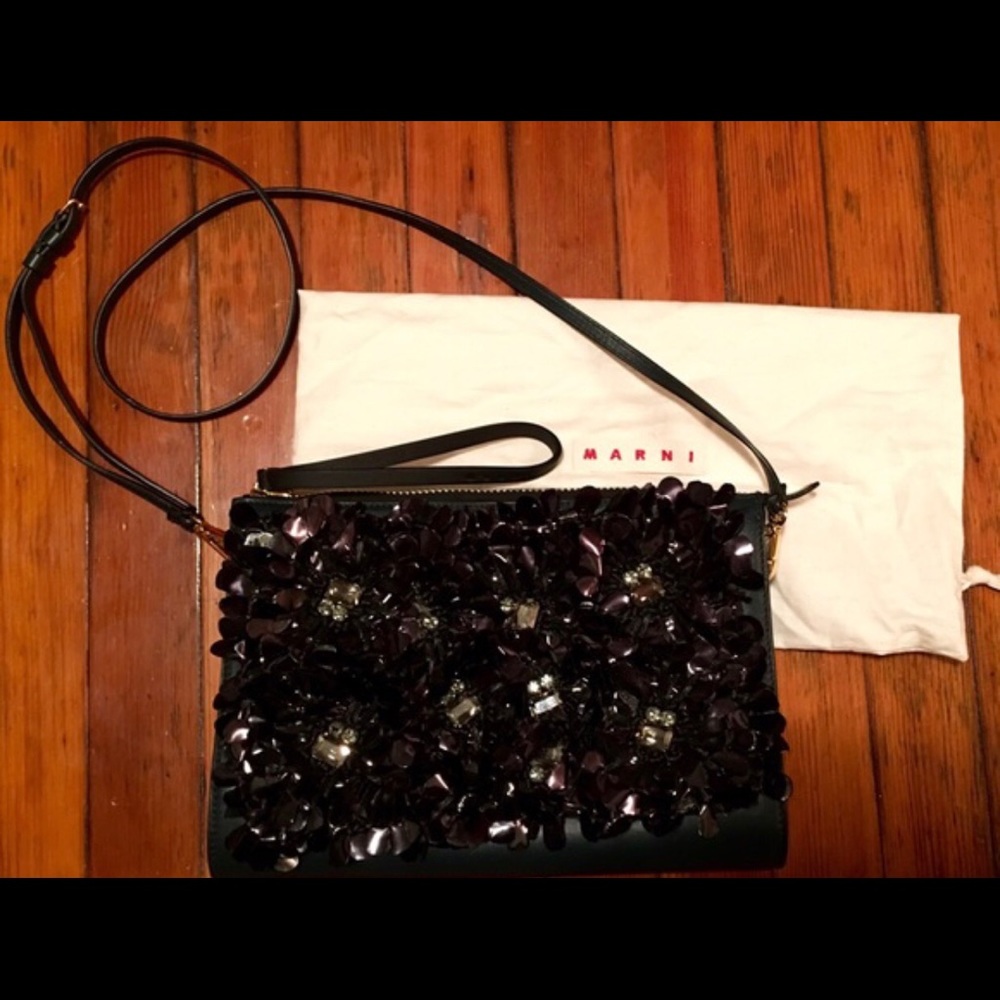 Marni Leather + Flower Oversized Clutch w/ Strap